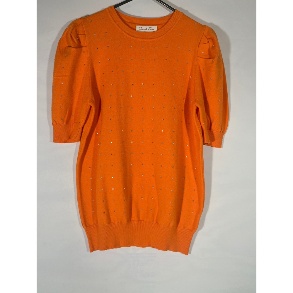 Vine & Love Puff Sleeve Rhinestone Sweater Top Women Sz M Orange‎ Resort Vibrant